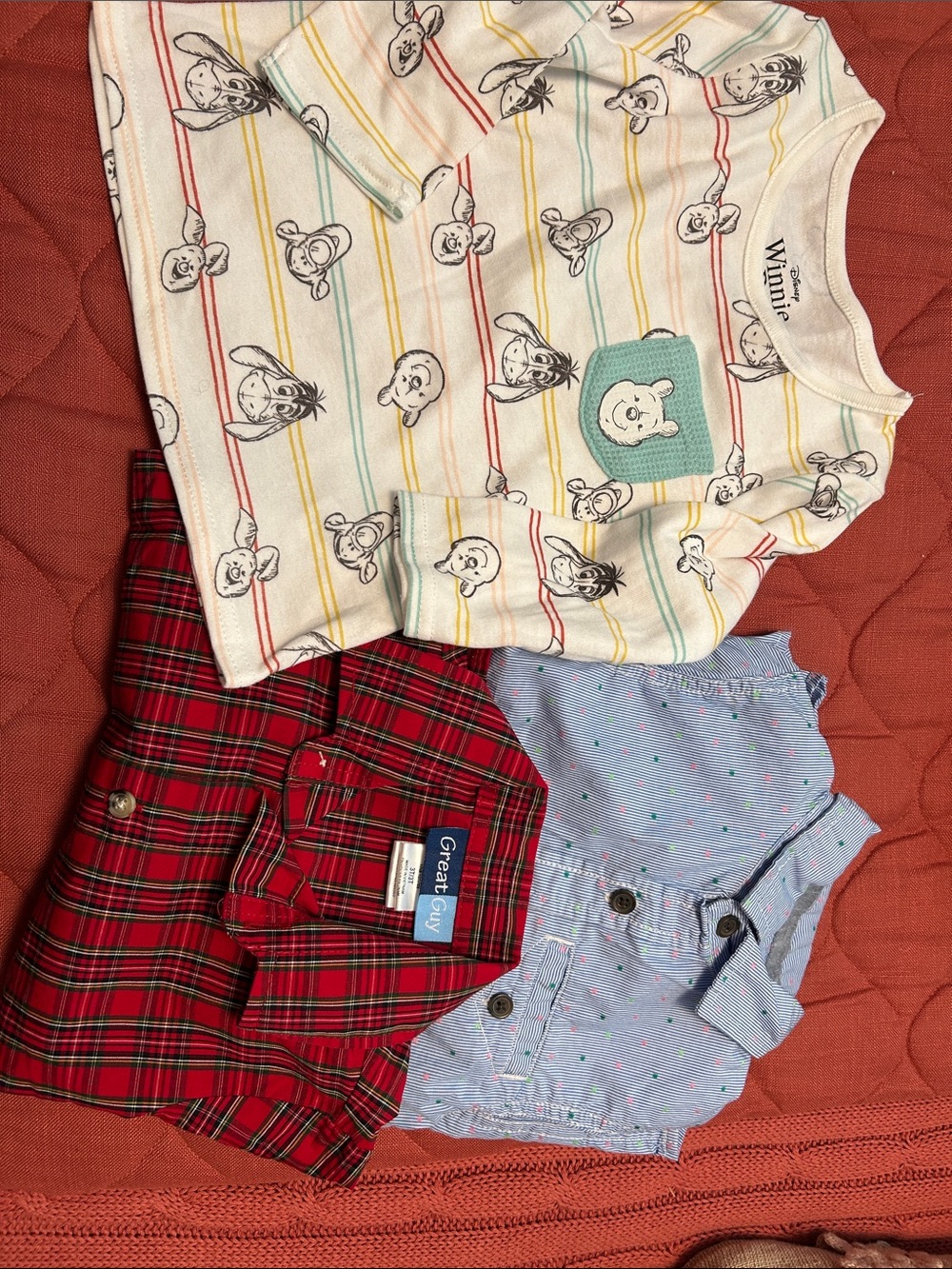 Winnie the Pooh Cream Stripe Tee with Cartoon Pocket & Two Button Down Shirts
